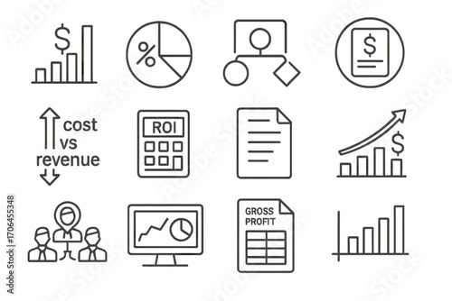 Financial Icons Overview. Line style icons of sales revenue and profit: dollar sign bar graph, profit margin icon, sales-to-profit