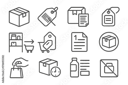 Line Style Purchases. Line style icons of physical goods purchases: box with label icon, barcode scanned tag, package with receipt