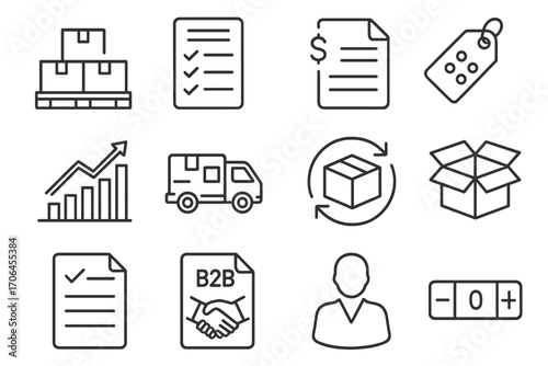 Wholesale Icon Set. Line style icons of wholesale purchases: pallet with boxes icon, bulk order form, supplier invoice file, item