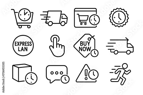Urgent Purchase Icons. Line style icons of urgent purchases: countdown timer on cart, same-day shipping icon, rush checkout screen
