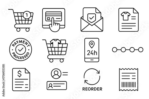 Online Order Icons. Line style icons of online orders: shopping cart with order number, digital checkout icon, confirmation email