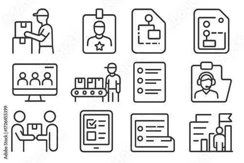 Order Processing Icons. Line style icons of order processing teams: warehouse picker icon, fulfillment specialist badge, order