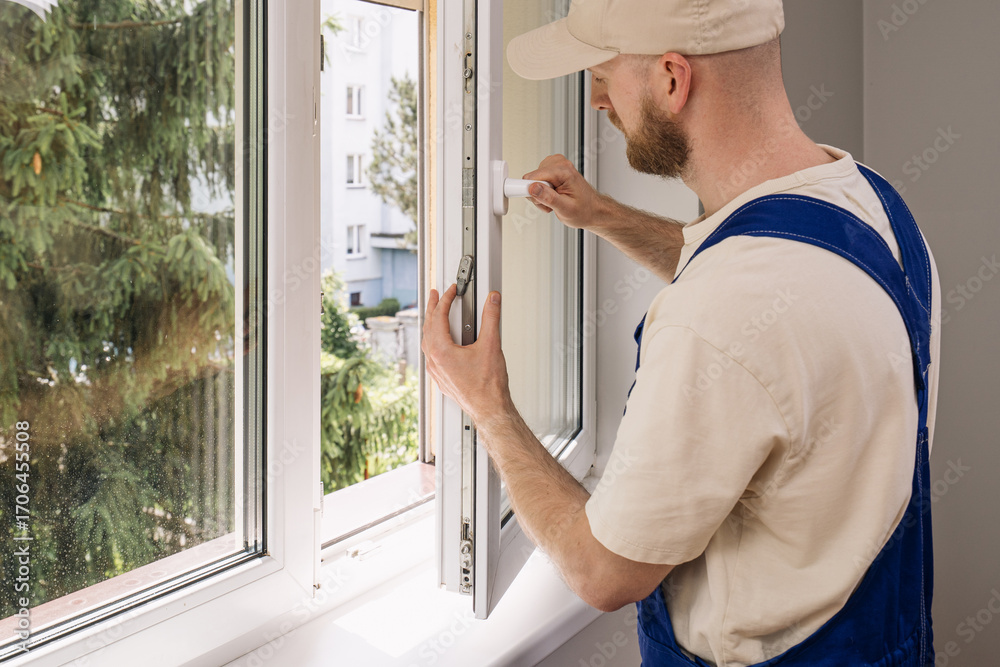 Fototapeta premium Repairman installing a PVC window frame in a residential apartment