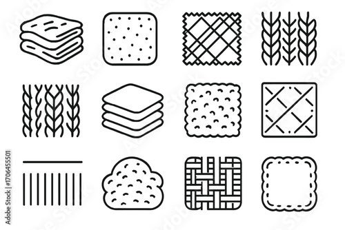 Soft Texture Icons. Line style icons of soft layered textures: wool fabric, fleece square, flannel swatch, knit pattern; cable