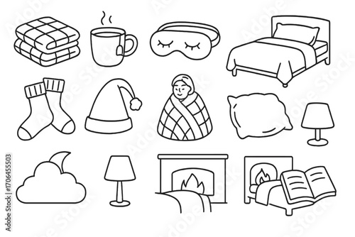 Winter Sleep Icons. Line style icons of sleep and rest in winter: flannel sheets, bedtime tea, eye mask, cozy bed; sleep socks,