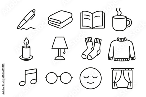 Cozy Indoor Icons. Line style icons of quiet indoor moments: journaling pen, folded blanket, open novel, steaming mug; candle