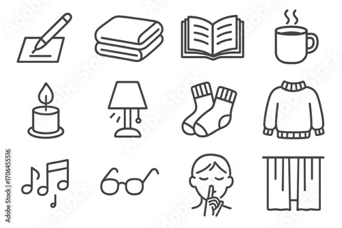 Cozy Indoor Icons. Line style icons of quiet indoor moments: journaling pen, folded blanket, open novel, steaming mug; candle