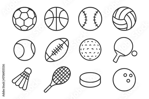 Sports Gear Icons. Line style icons of sports balls and gear: soccer ball, basketball, baseball, volleyball; tennis ball, rugby