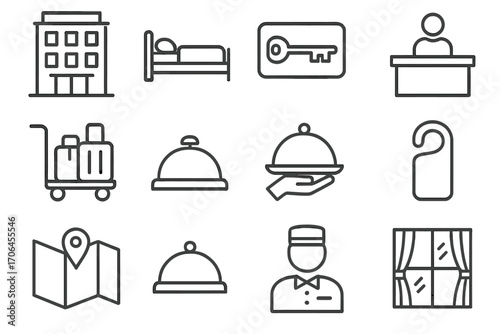 Travel Accommodation Icons. Line style icons of travel accommodations: hotel building, bed icon, keycard, front desk; luggage