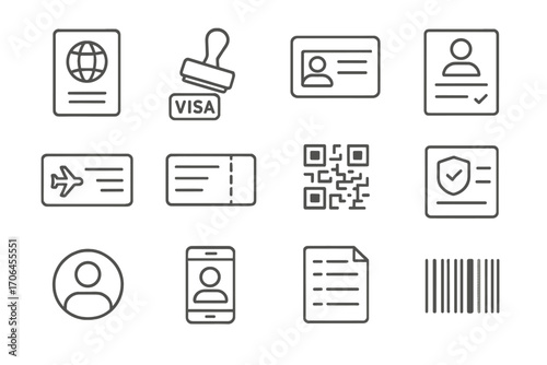 Travel Document Icons. Line style icons of travel documents and IDs: passport, visa stamp, ID card, customs form; boarding pass,