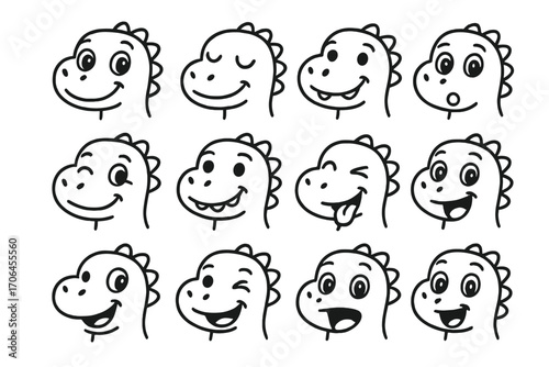 Playful Dinosaur Faces. Line style icons of friendly dinosaur faces: big eyes, happy smile, sleepy expression, surprised look;
