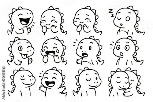 Dino Emotions Icons. Line style icons of dino emotions and moods: laughing, shy, sleepy, curious; bashful, silly, happy cry,
