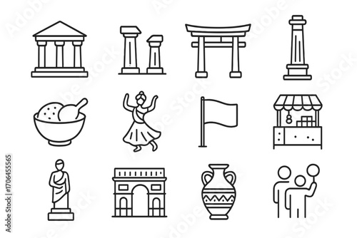 Cultural Heritage Icons. Line style icons of cultural and heritage travel: museum building, ancient ruins, temple gate, monument