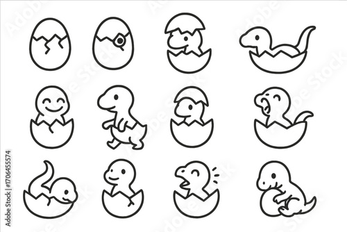 Hatchling Icon Moments. Line style icons of hatchling moments: cracked top, little eye, pushing shell, tail out; smile with crack,