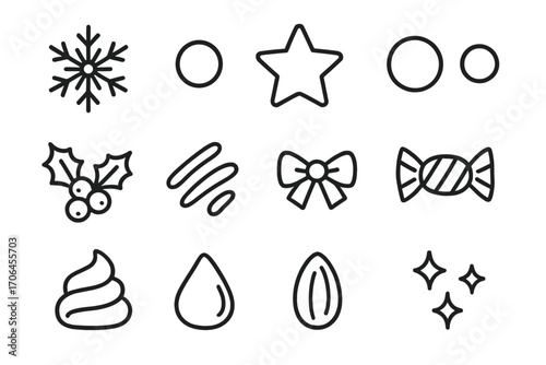 Festive Cookie Toppers Icons. Line style icons of festive cookie toppers: snowflake decor, candy dot, sugar star, pearl sprinkle;