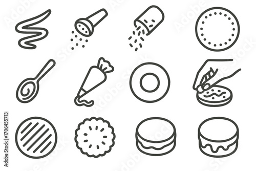 Cookie Craft Icons. Line style icons of cookie crafting details: icing zigzag, sugar dusting, sprinkle pour, dotted edge; spoon