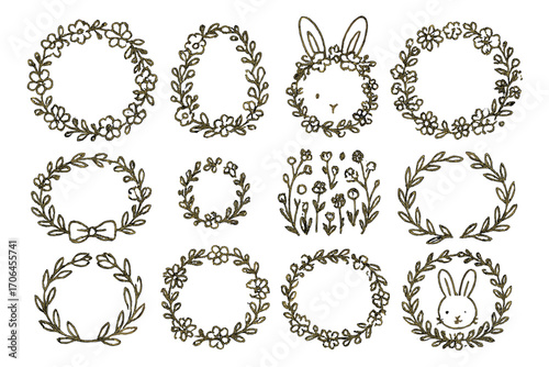Floral Wreath Icons. Line style icons of floral wreaths and rings: circle of flowers, egg wreath, bunny wreath, mixed blossom loop