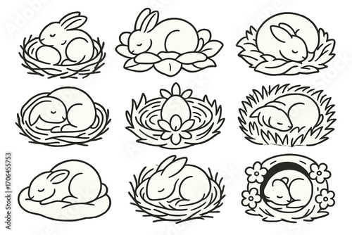 Cozy Bunny Nests. Line style icons of cozy bunny nests and beds: egg nest, flower bed, leafy nest, mossy pillow; curled bunny in