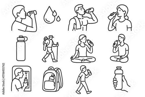 Hydration Icon Set. Line style icons of active hydration scenarios: person drinking, sweat icon, hydration after workout, water