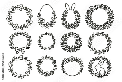 Floral Wreath Icons. Line style icons of floral wreaths and rings: circle of flowers, egg wreath, bunny wreath, mixed blossom loop