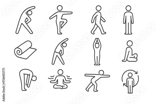 Mindful Movement Icons. Line style icons of mindful movement and yoga: stretching figure, balance pose, slow walk, standing still;
