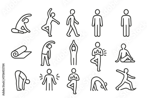 Mindful Movement Icons. Line style icons of mindful movement and yoga: stretching figure, balance pose, slow walk, standing still;
