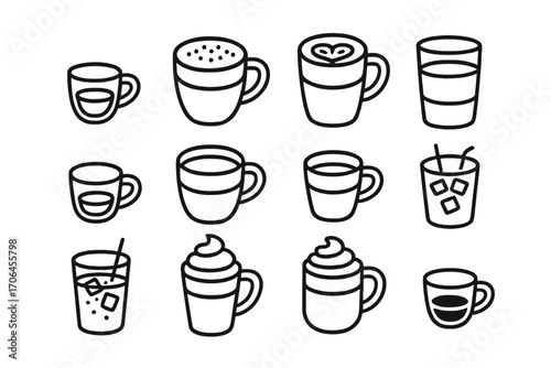 Coffee Icon Collection. Line style icons of coffee types: espresso shot, cappuccino mug, latte art, americano glass; macchiato cup