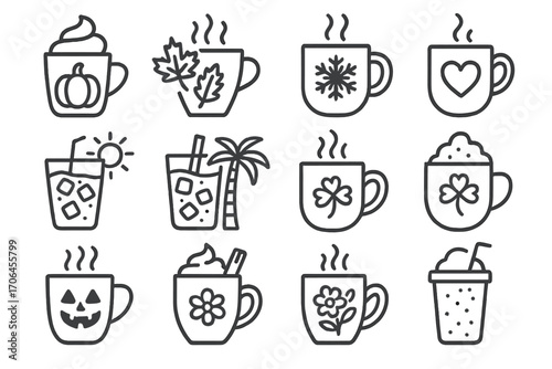 Seasonal Coffee Icons. Line style icons of seasonal coffee themes: pumpkin latte, autumn leaves and cup, snowflake mug, hot cocoa