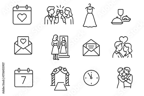 Wedding Timeline Icons. Line style icons of wedding timeline: save the date icon, engagement celebration, dress shopping,