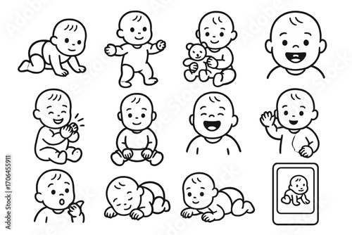 Baby Milestone Icons. Line style icons of baby milestones: crawling baby, first steps, baby with toy, first tooth; baby clapping,