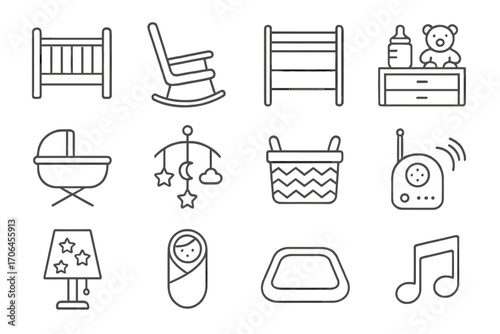 Nursery Icons Line Art. Line style icons of nursery furniture: crib, rocking chair, changing table, dresser with baby items;