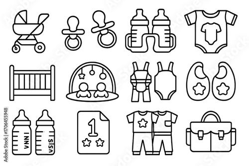Twin Essentials Icons. Line style icons of twin essentials: double stroller, two pacifiers, twin bottle holder, twin onesies;