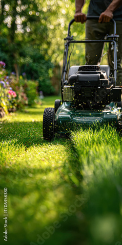 Close-up of lawn mowing with a petrol lawn mower on a sunny day. Green grass flying in the air. Concept of gardening, landscaping, lawn care and outdoor maintenance.