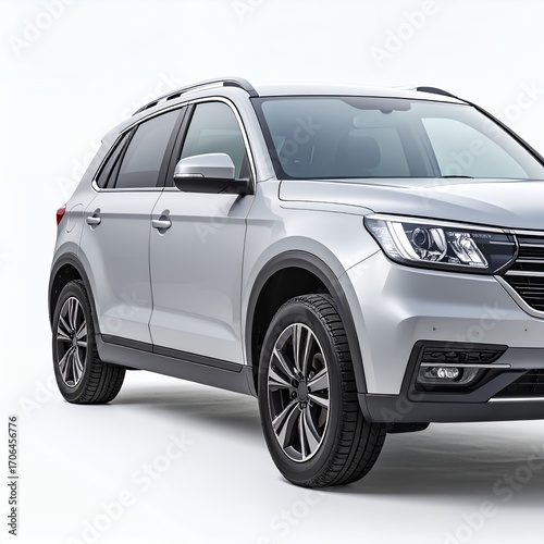 Sleek silver crossover vehicle showcasing modern design aesthetics and engineering on white background