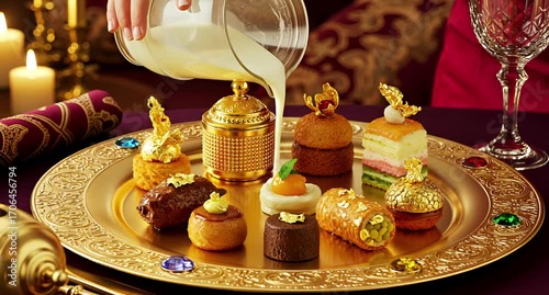 Elegant dessert tray exquisite pastries and golden accents