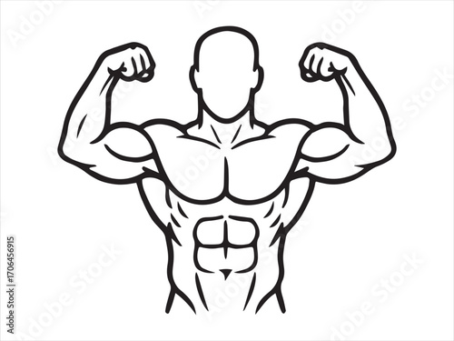 Illustration of a muscular male bodybuilder in a gym, with powerful biceps and a strong torso, lifting weights. strong muscle and six packs.