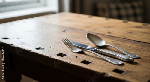 Elegant Silverware Resting Gently on a Rustic Wooden Table Surface