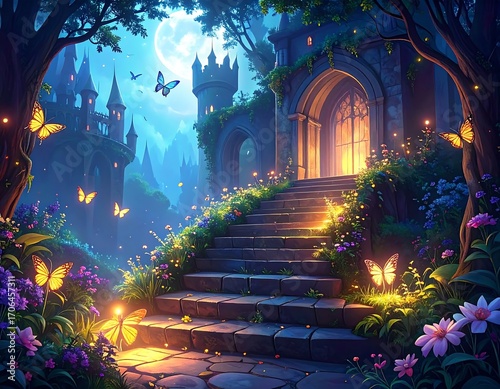 Magical forest path leads to ancient castle at night