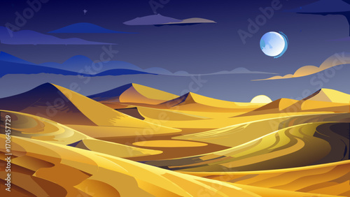 Golden desert dunes beneath a starry night sky, gentle curves illuminated by moonlight, radiating calm and infinite vastness.