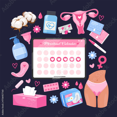 Menstrual Cycle icons collection includes hygienic pads, menstrual calendar, tampon, menstrual cup, cotton flowers, napkins, pills isolated on dark background.