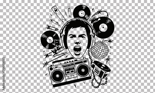 Retro Punk Hip-Hop Collage Illustration with Music and Grunge Elements