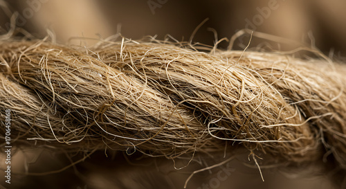 Extreme Close-Up of Rough and Hairy Natural Jute Rope with Detailed Fibers