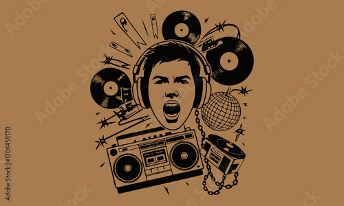 Retro Punk Hip-Hop Collage Illustration with Music and Grunge Elements