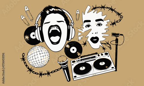 Retro Punk Hip-Hop Collage Illustration with Music and Grunge Elements