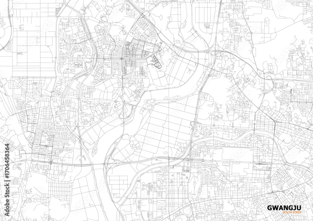 Fototapeta premium A detailed close-up vector map of Gwangju's highway interchange and road network in black and white outline style.