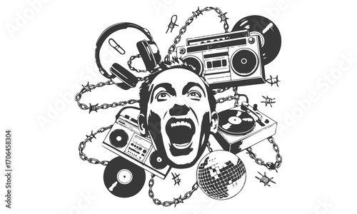 Retro Punk Hip-Hop Collage Illustration with Music and Grunge Elements