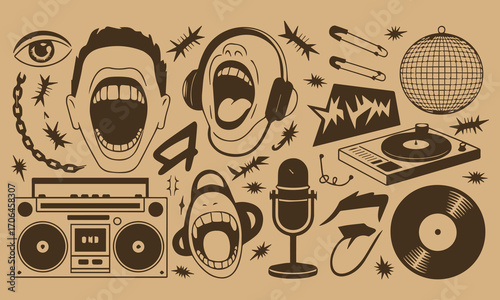 Retro Punk Hip-Hop Collage Illustration with Music and Grunge Elements
