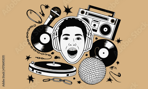 Retro Punk Hip-Hop Collage Illustration with Music and Grunge Elements