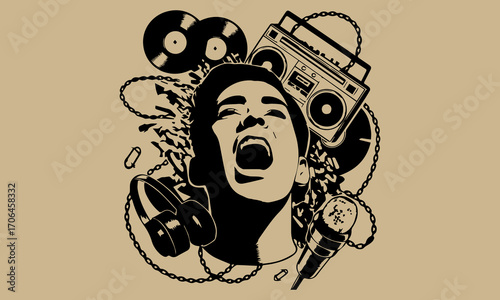 Retro Punk Hip-Hop Collage Illustration with Music and Grunge Elements