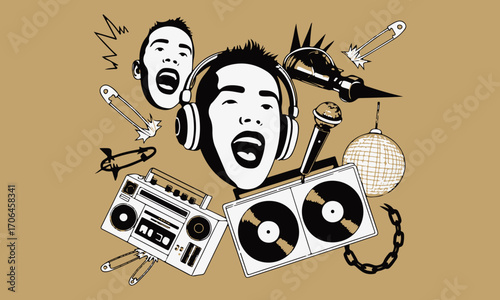 Retro Punk Hip-Hop Collage Illustration with Music and Grunge Elements